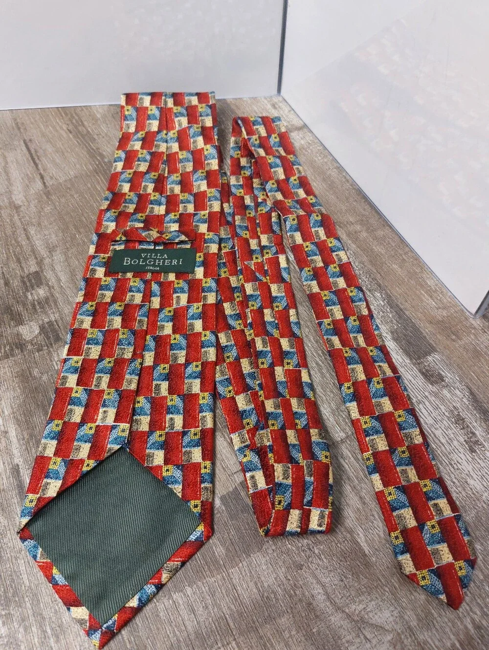 Italia Red Checked Pattern Men’s Tie with Blue and Cream Accents